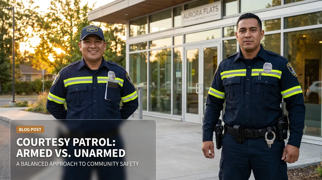 Two security officers — one armed, one unarmed — standing at an apartment building entrance