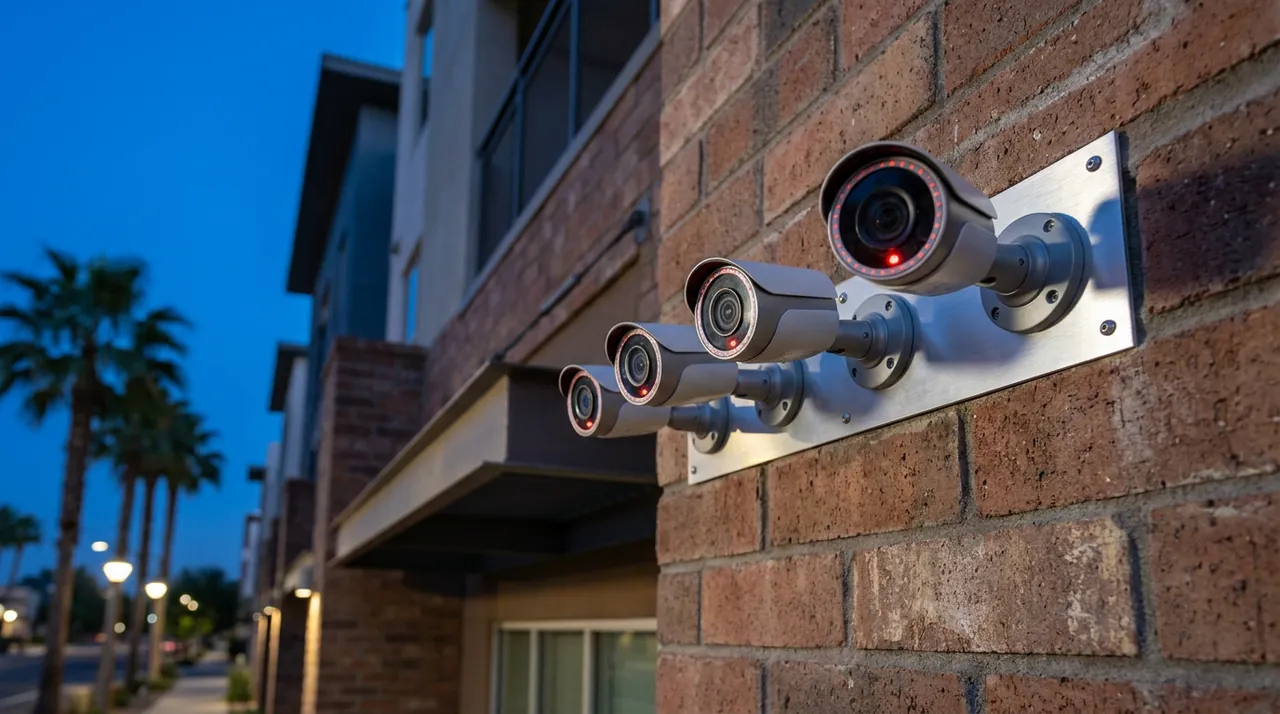 Row of mounted CCTV cameras on a multifamily apartment building exterior at dusk