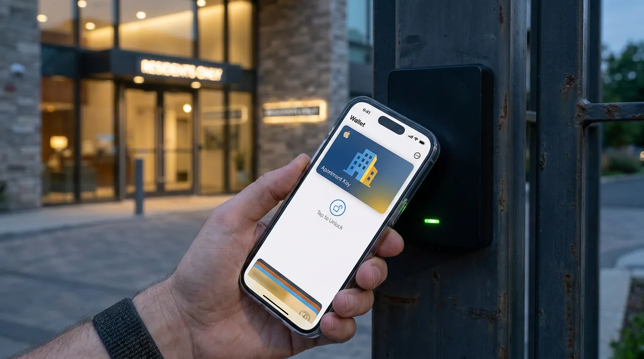 Mobile phone digital credential being held near a sleek apartment access control reader