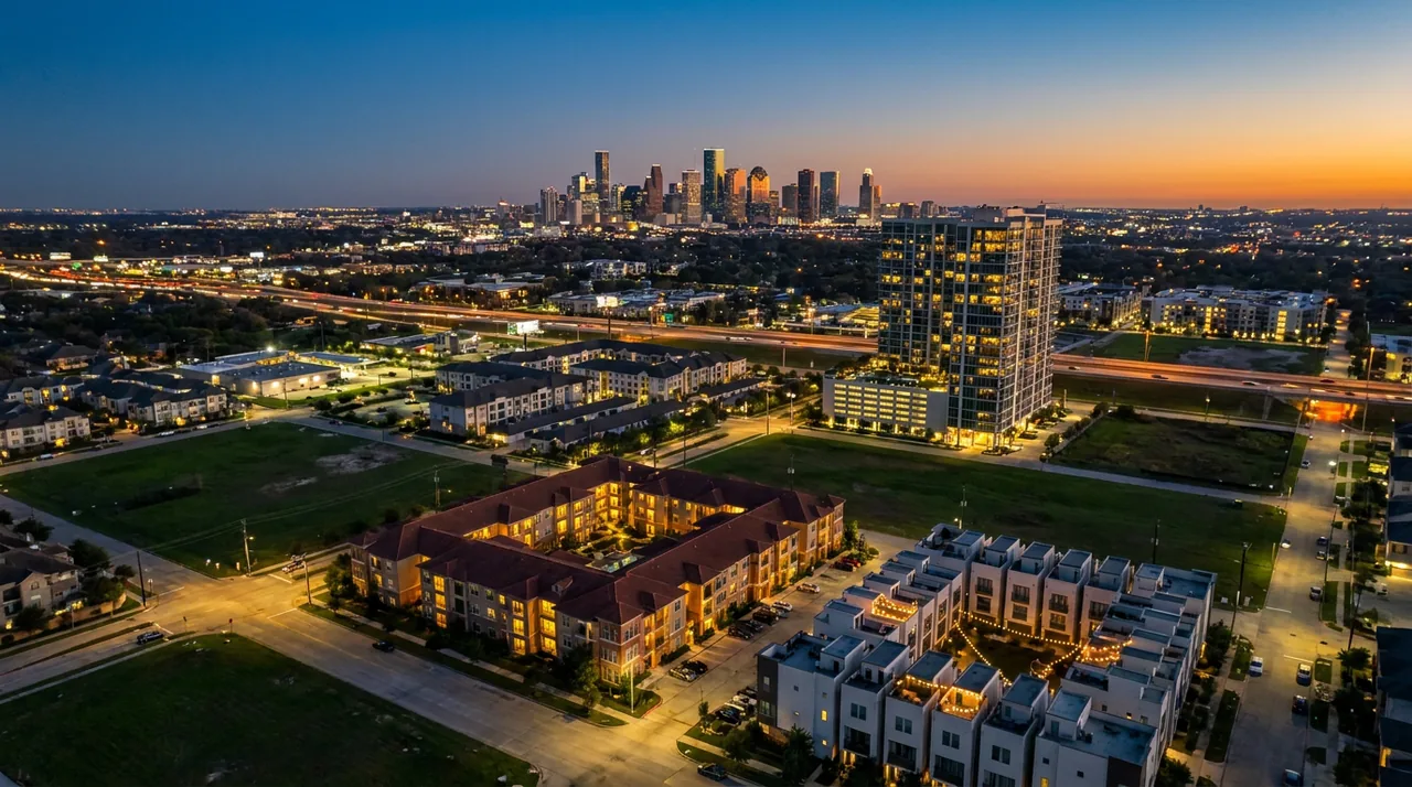 Aerial view of Houston multifamily apartment communities at dusk
