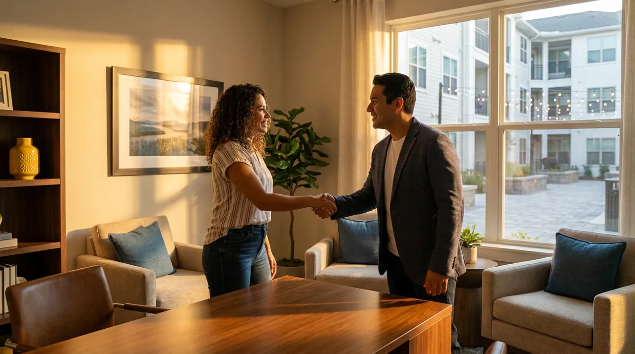 Apartment leasing agent welcoming a prospective resident in a warm leasing office