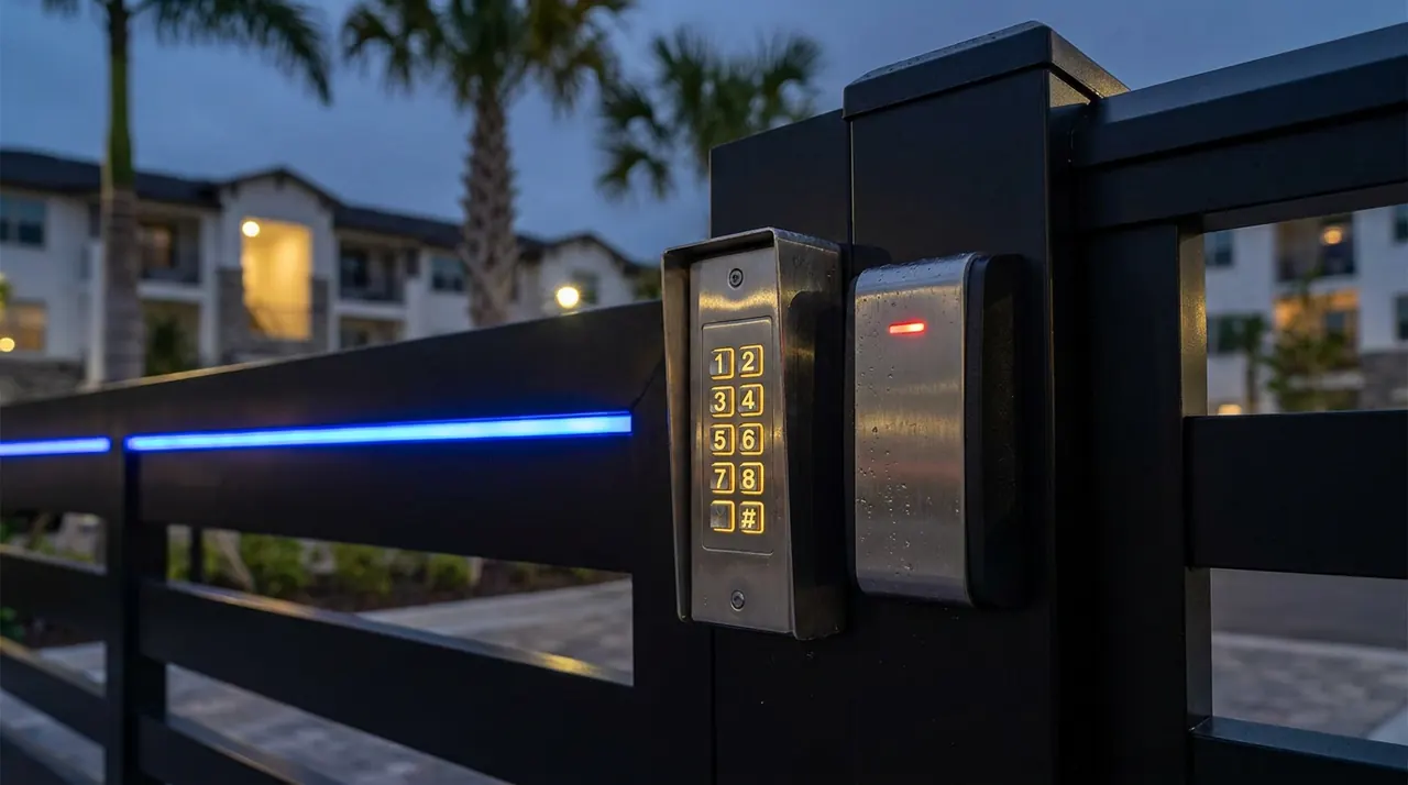 Apartment community entry gate with keypad access control and security signage