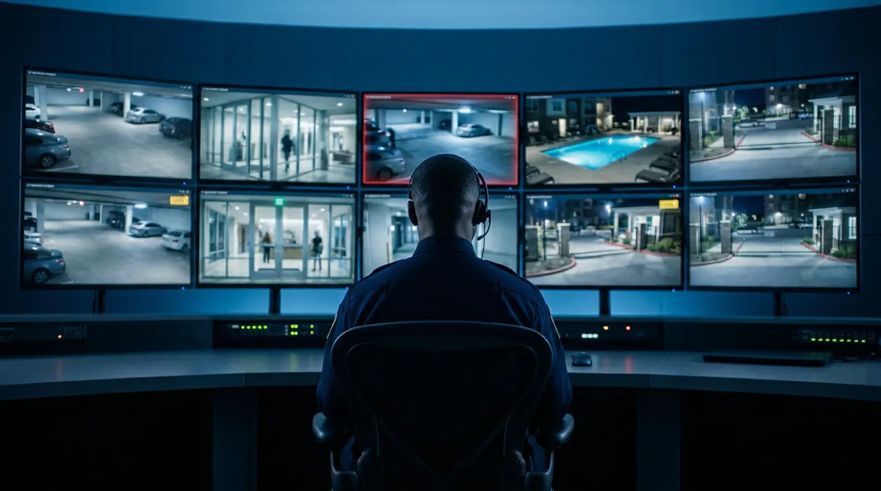 Multifamily Top Security operations center with multiple camera feeds being watched live by trained operators
