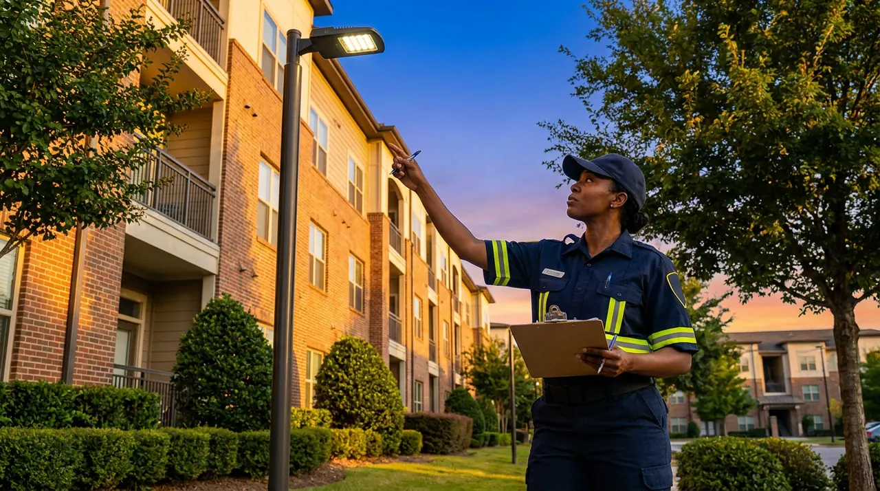 CPTED surveyor with clipboard documenting lighting and sightline conditions at a Houston apartment community