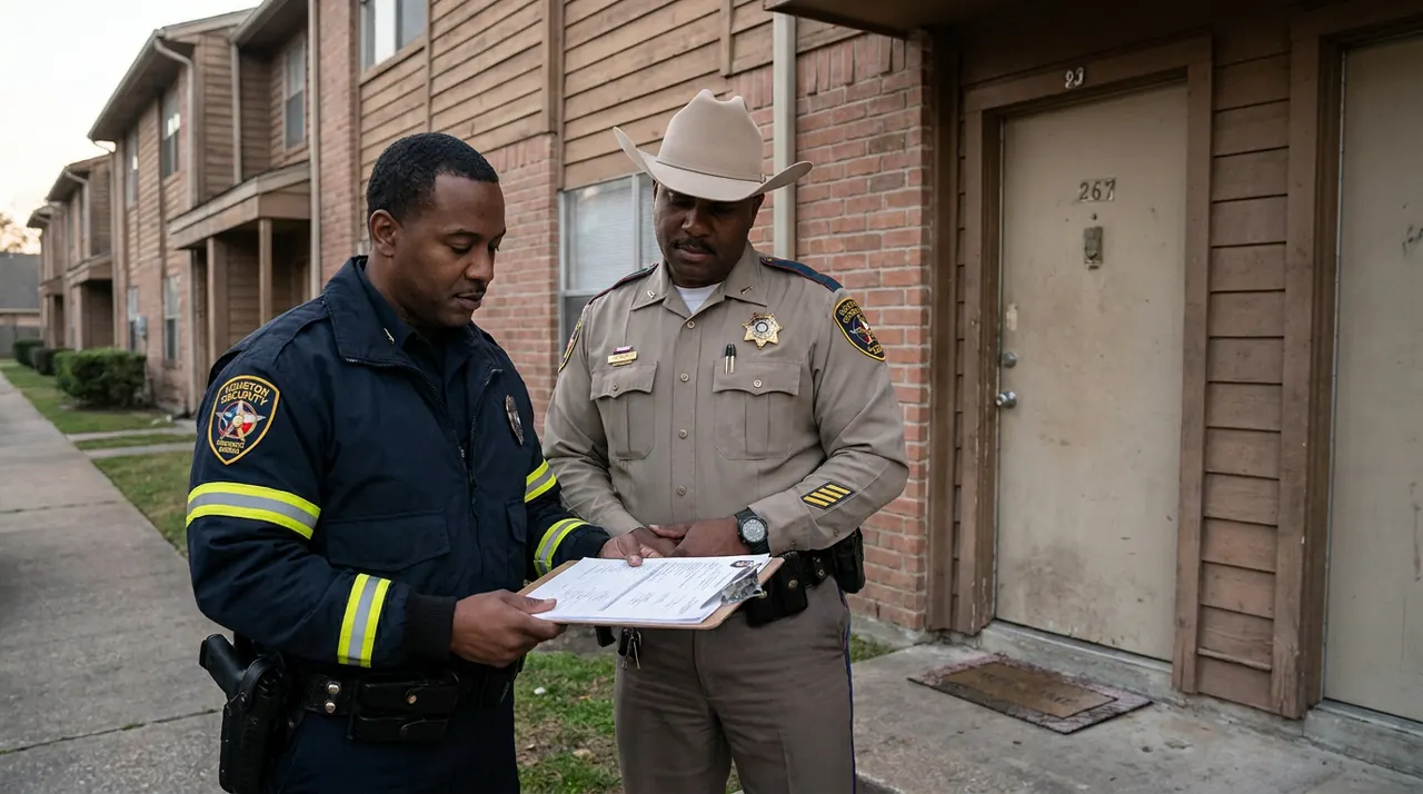 Licensed security officer providing standby during a writ-of-possession execution at a Houston apartment community