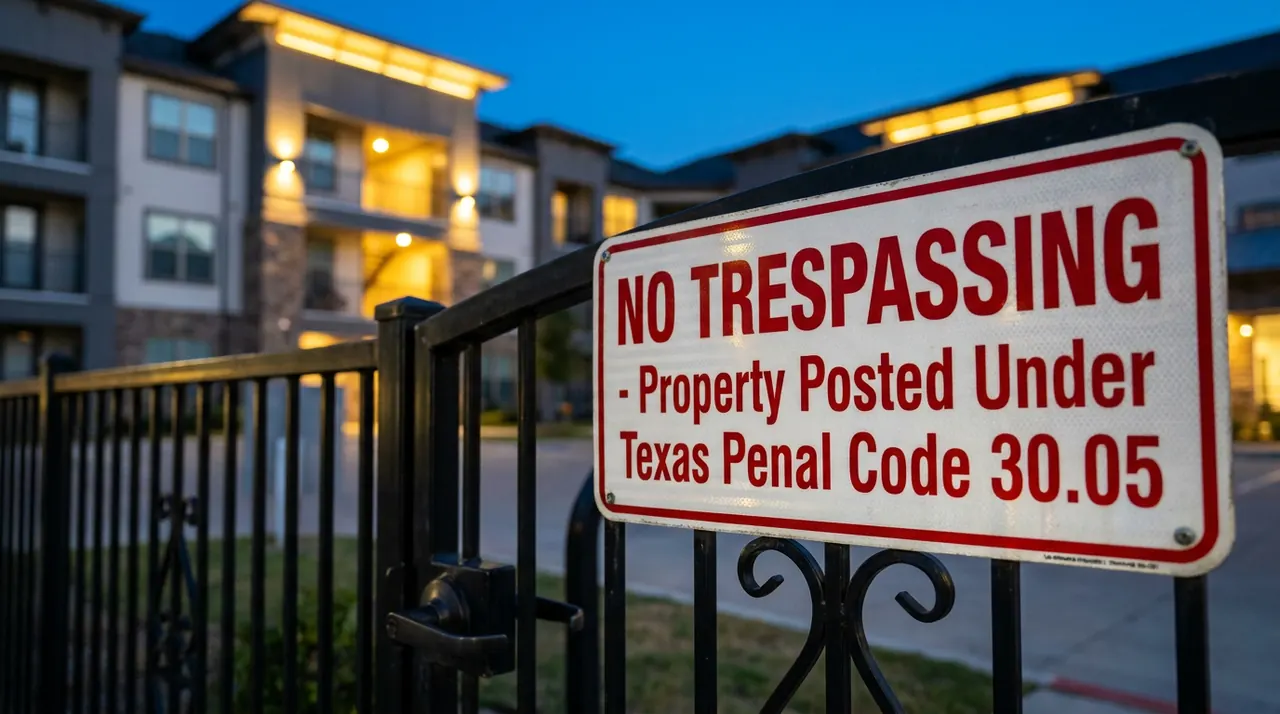 No trespassing private property signage at multifamily apartment community entrance